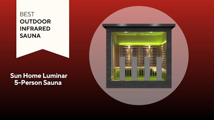 A box-shaped grey, green and beige Sun Home Luminar Outdoor 5-Person Sauna